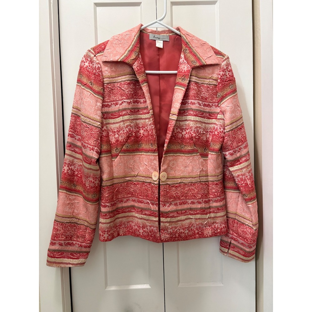 Analogy Pink Boutique Floral Stripe Tapestry Blazer  Small Womens Boho Red